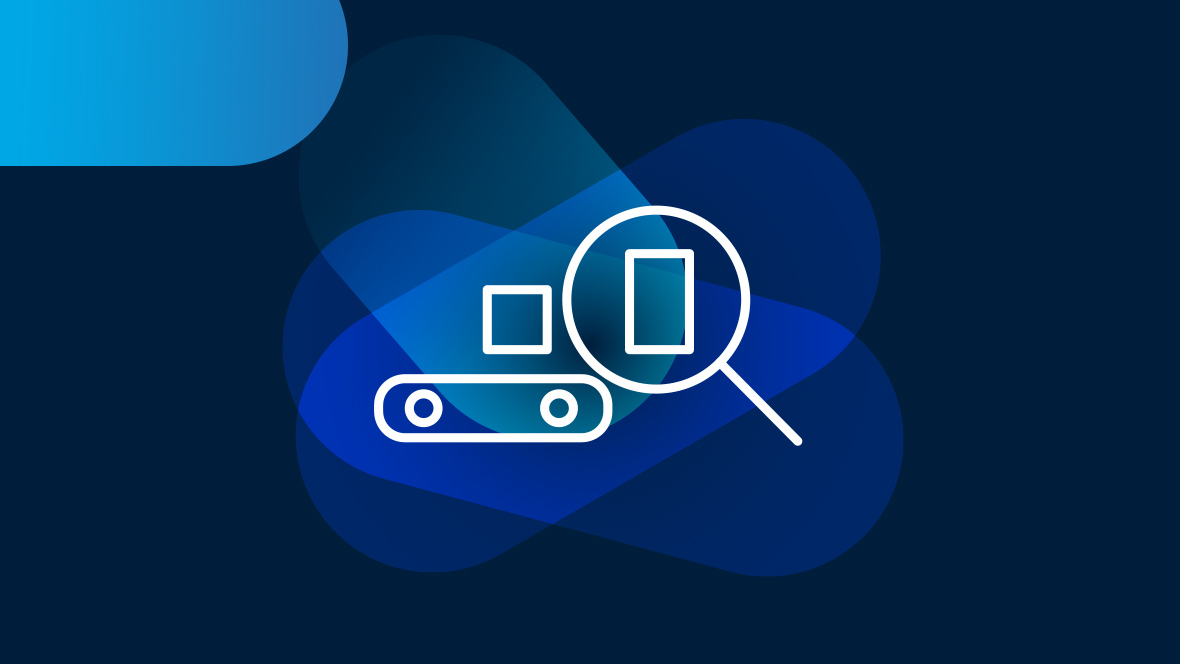 White icon of a magnifying glass on a dark blue background
