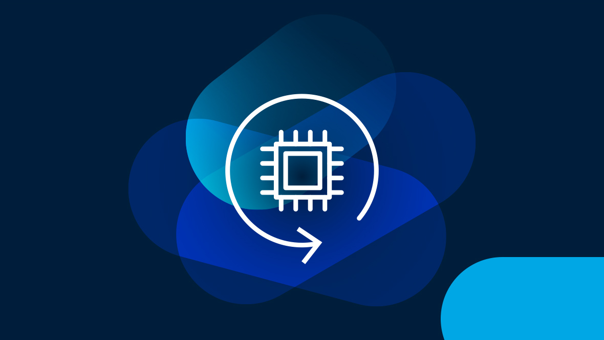 White icon of an arrow circle on a dark blue background