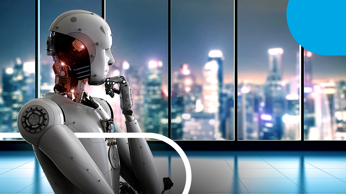 A humanoid looks out of a window at a skyline