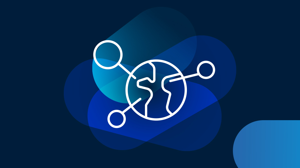 White globe icon on dark blue background