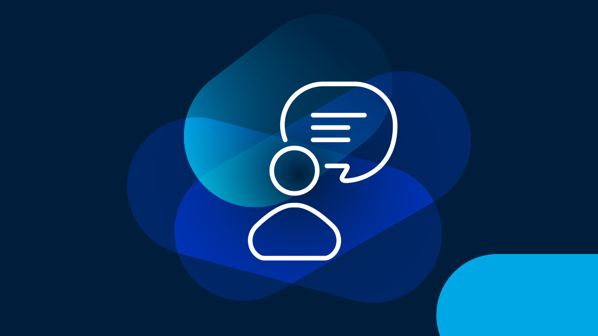 White icon of a person with speech bubble on a dark blue background