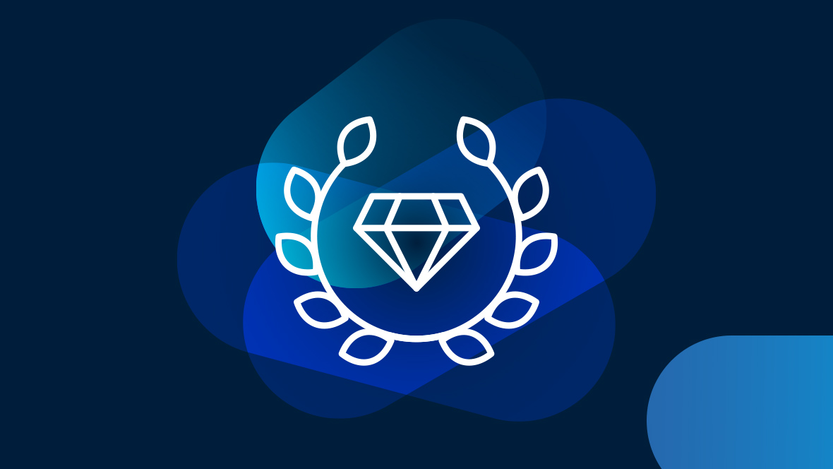 White diamond icon with wreath on dark blue background