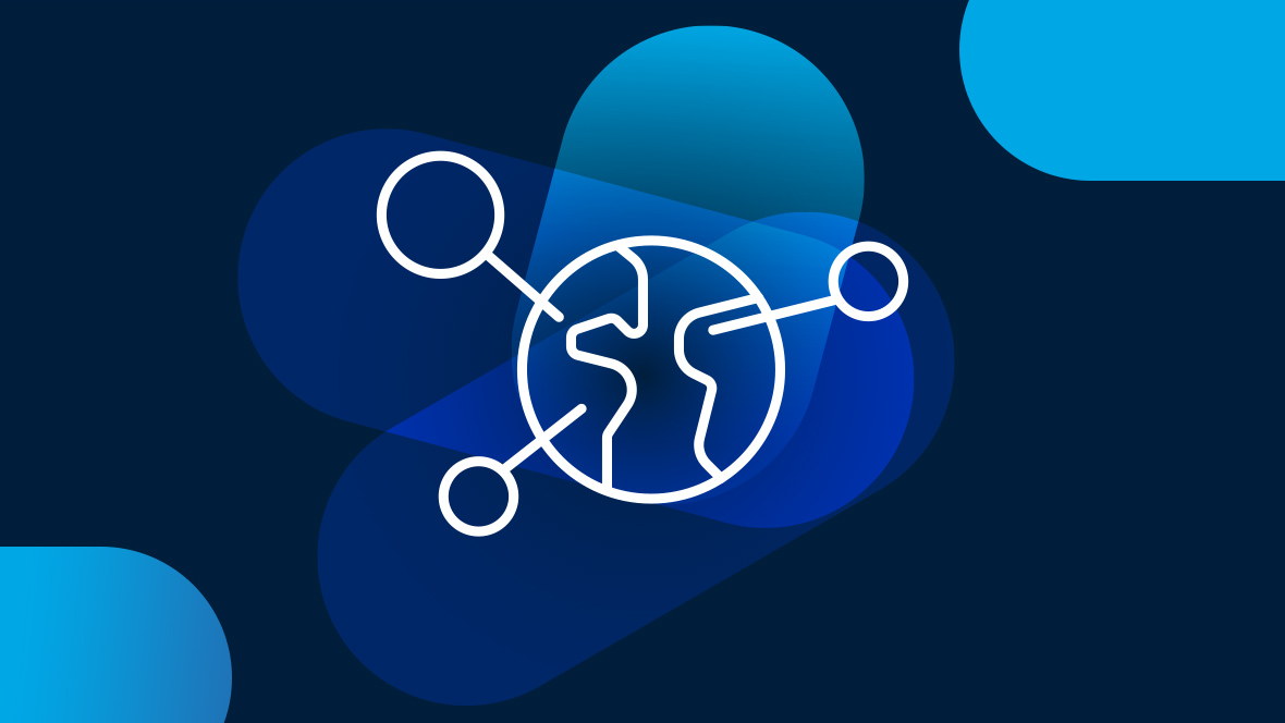 Weißes Icon globales Partnernetzwerk auf blauem Hintergrund