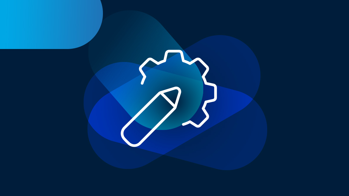 White icon pen with half gear wheel on dark blue background