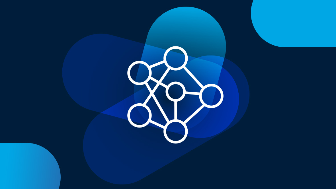 White icon of connected circles on a dark blue background