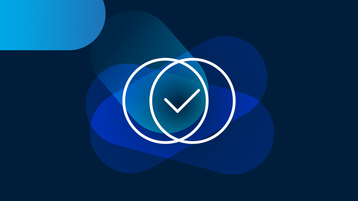 White icon two circles inside each other with hooks on dark blue background
