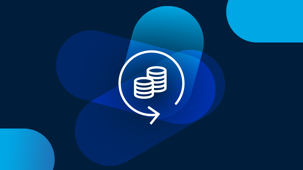 White icon of coins in a circle on a dark blue background