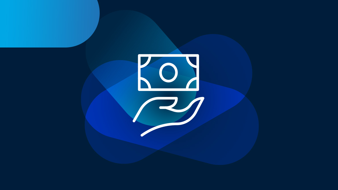 White icon of a hand with a banknote on a dark blue background