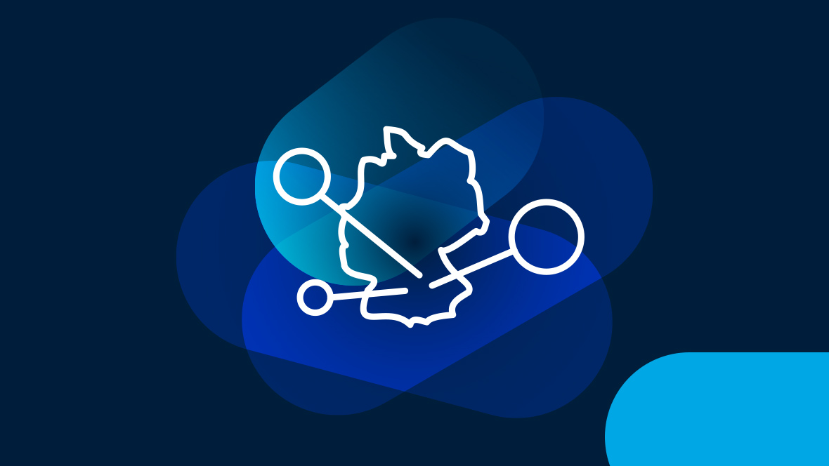 White icon outline of Germany with pins on a dark blue background