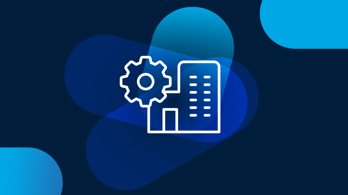 White icon building on dark blue background