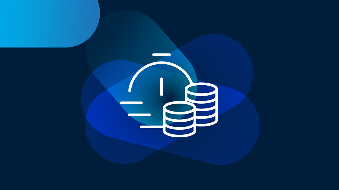 White stopwatch icon with coins on a dark blue background