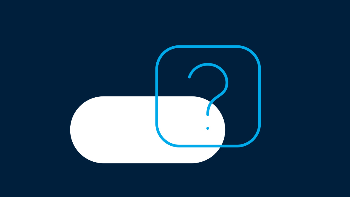 A blue question mark with a border and a white button