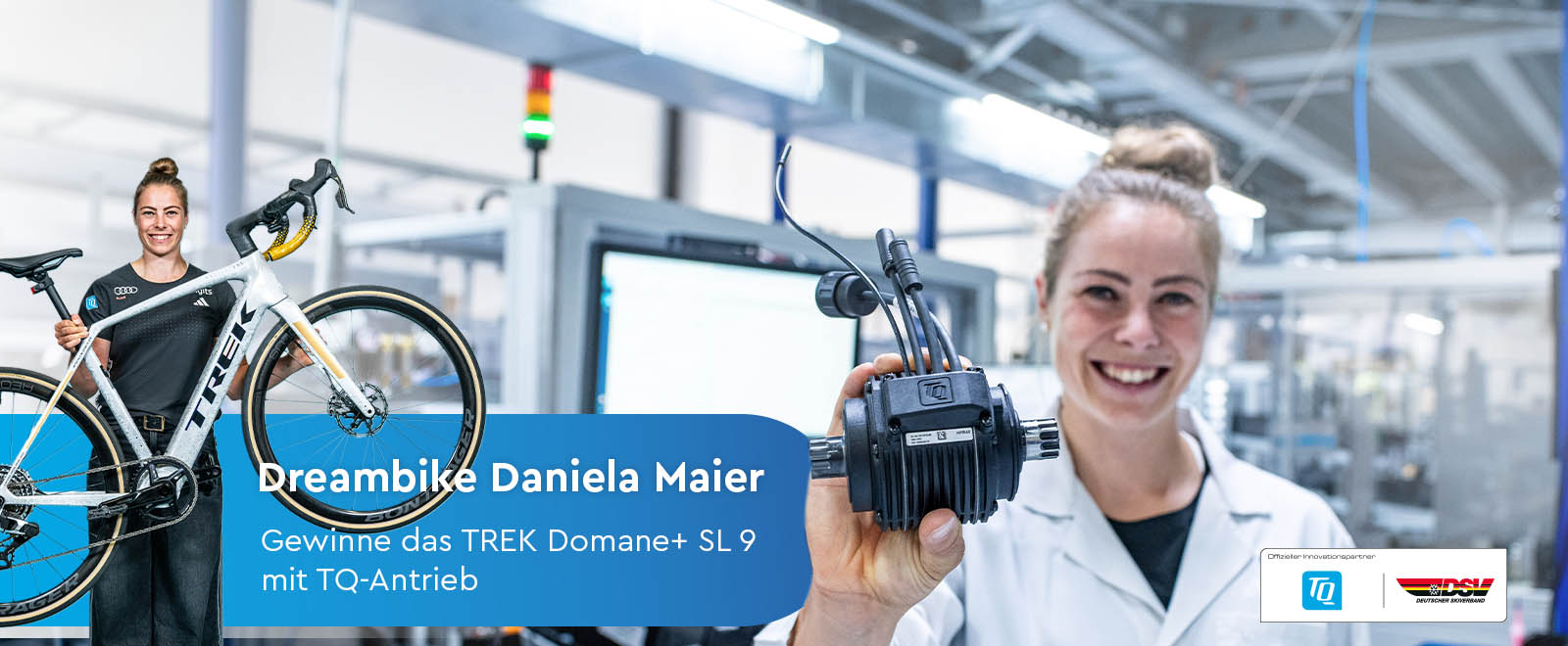 Olympiasiegerin Daniela Maier hält den TQ-HPR40 in der Hand und zeigt ihr Dreambike von Trek
